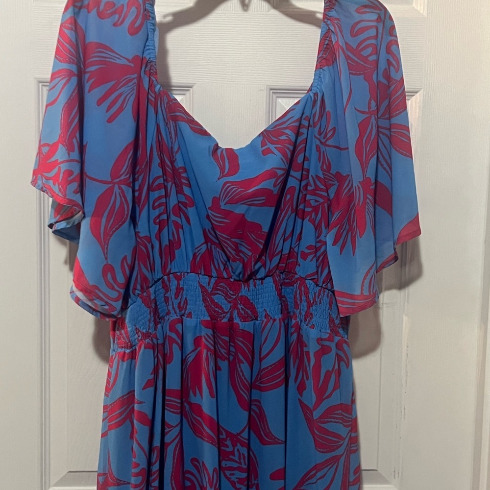 Flying Tomato Blue Maxi Dress with Pink Leaf Motif - Picture 3 of 6